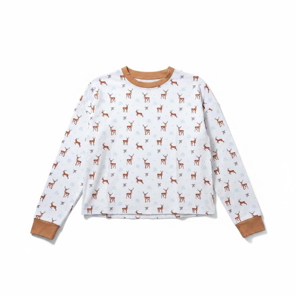 Bubble Baby Women Reindeer Print Bamboo Viscose Pajama Top White Tan XXS/XS